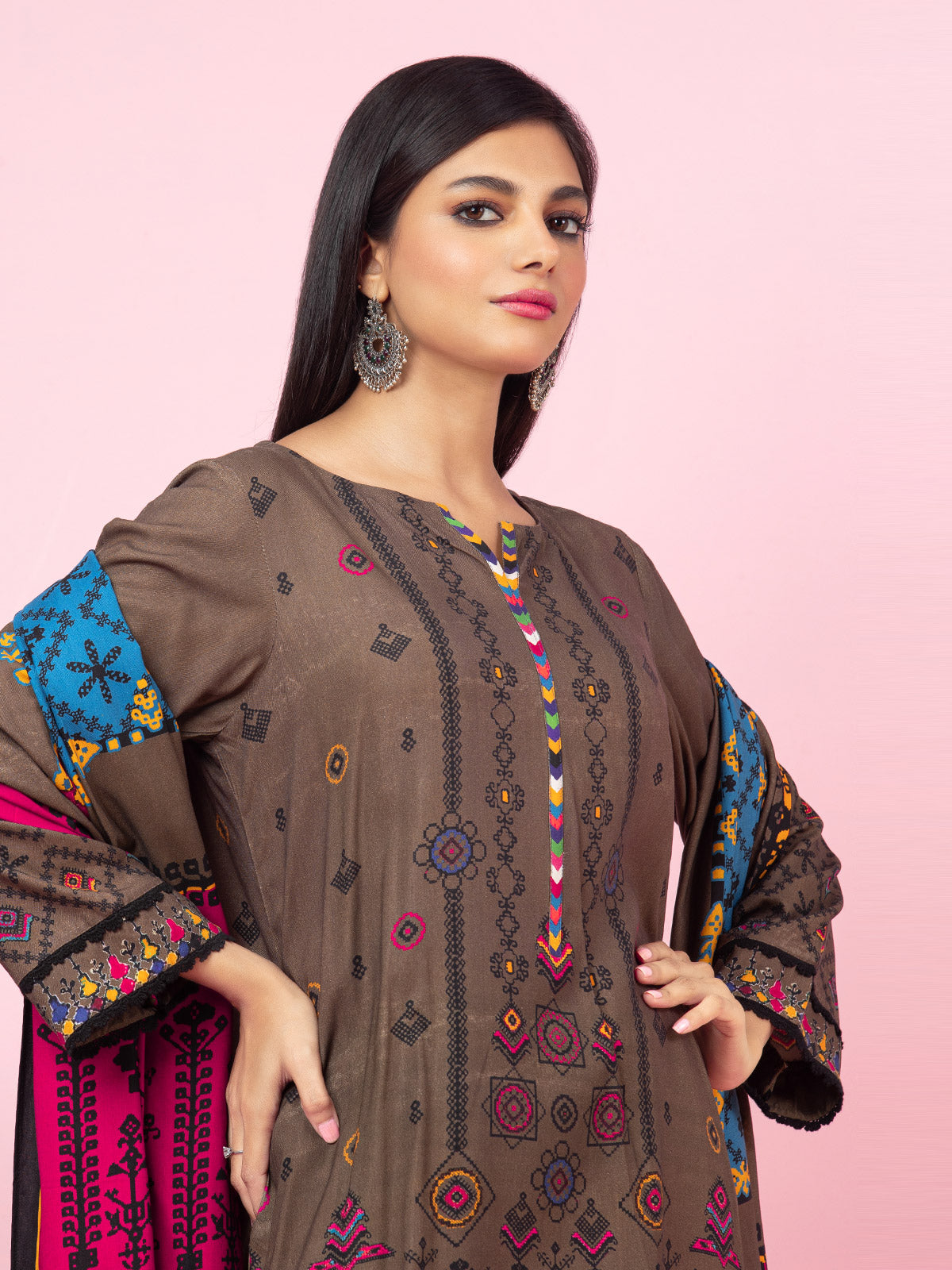 Edenrobe - EWU22A4-24025 Unstitched Brown Printed Viscose 3 Piece