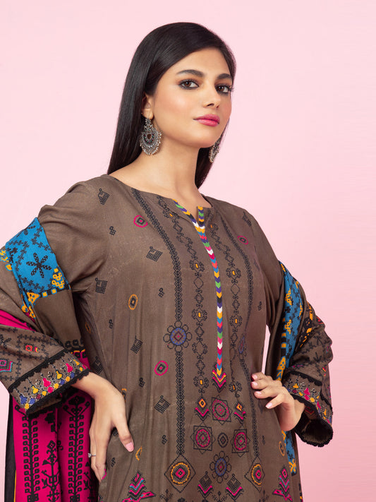 Edenrobe - EWU22A4-24025XXL Unstitched Brown Printed Viscose 3 Piece