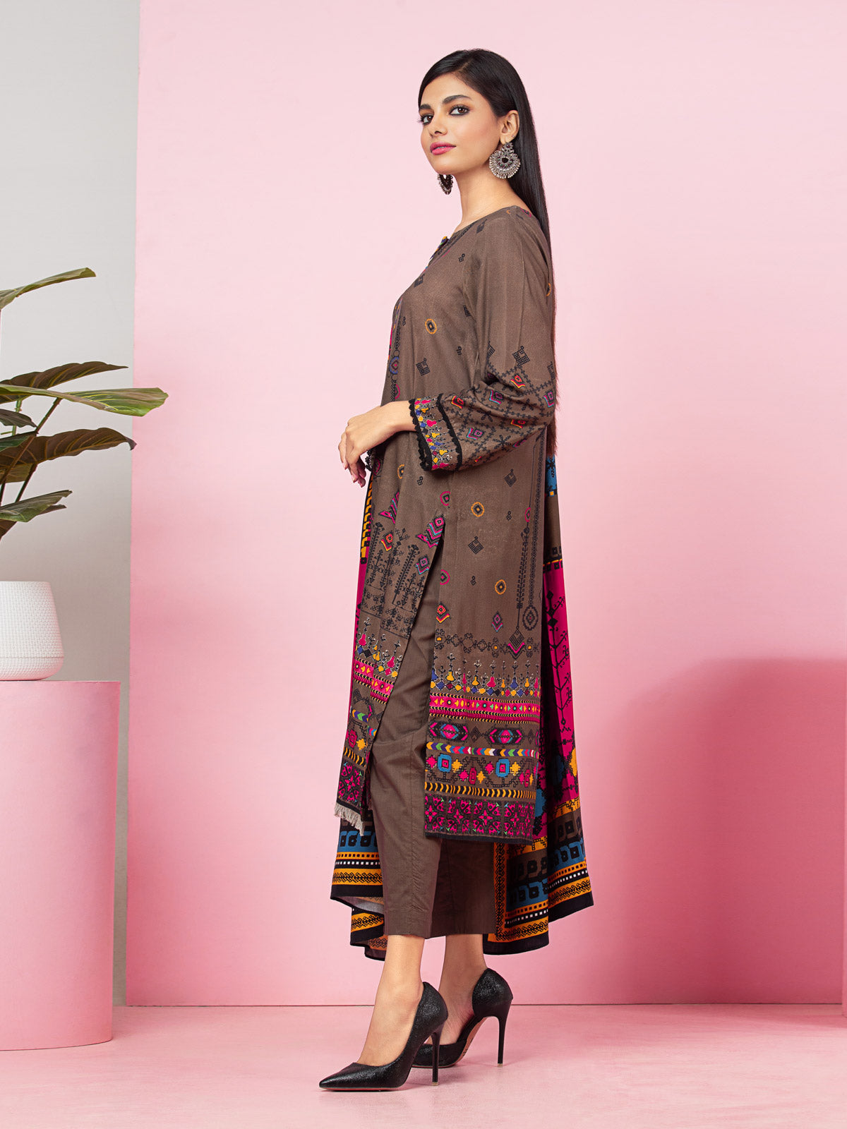 Edenrobe - EWU22A4-24025 Unstitched Brown Printed Viscose 3 Piece