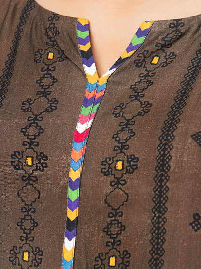 Edenrobe - EWU22A4-24025XXL Unstitched Brown Printed Viscose 3 Piece