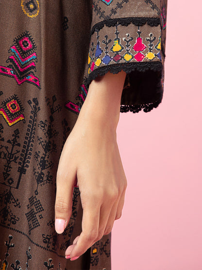 Edenrobe - EWU22A4-24025XXL Unstitched Brown Printed Viscose 3 Piece