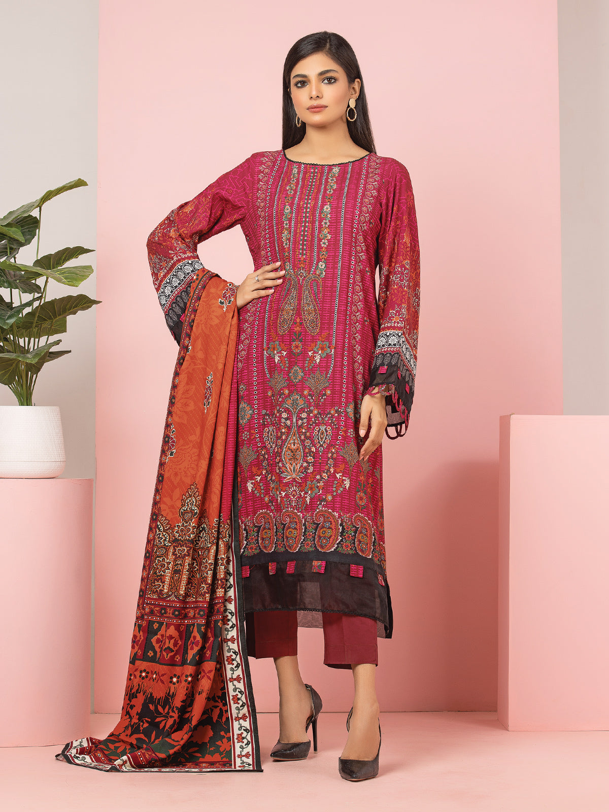 Edenrobe - EWU22A4-24028SD Unstitched Red Printed Viscose 2 Piece