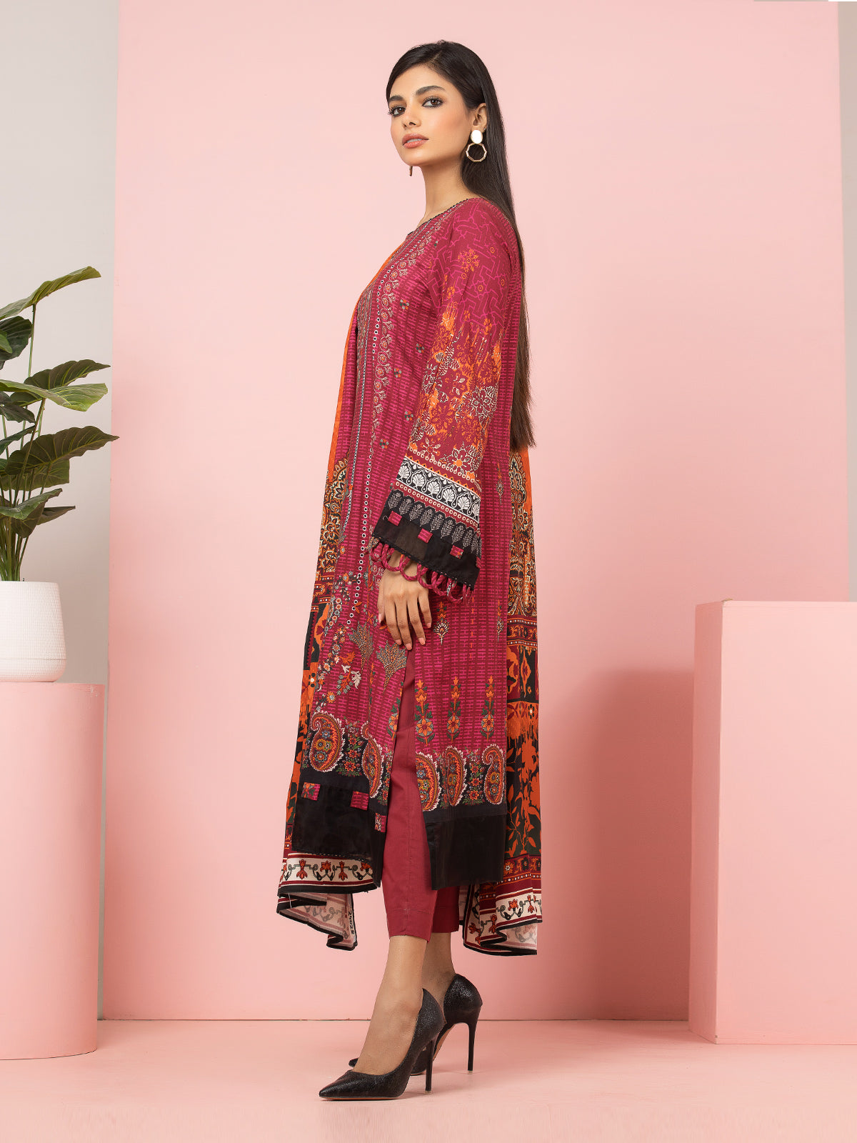 Edenrobe - EWU22A4-24028 Unstitched Red Printed Viscose 3 Piece