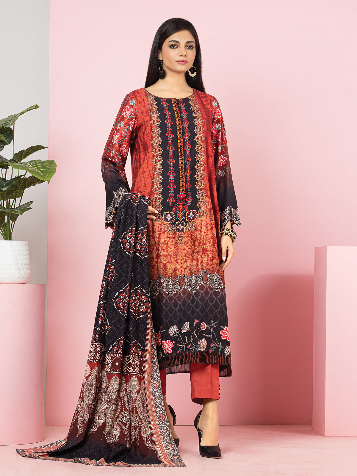 Edenrobe - EWU22A4-24030 Unstitched Rust Printed Viscose 3 Piece