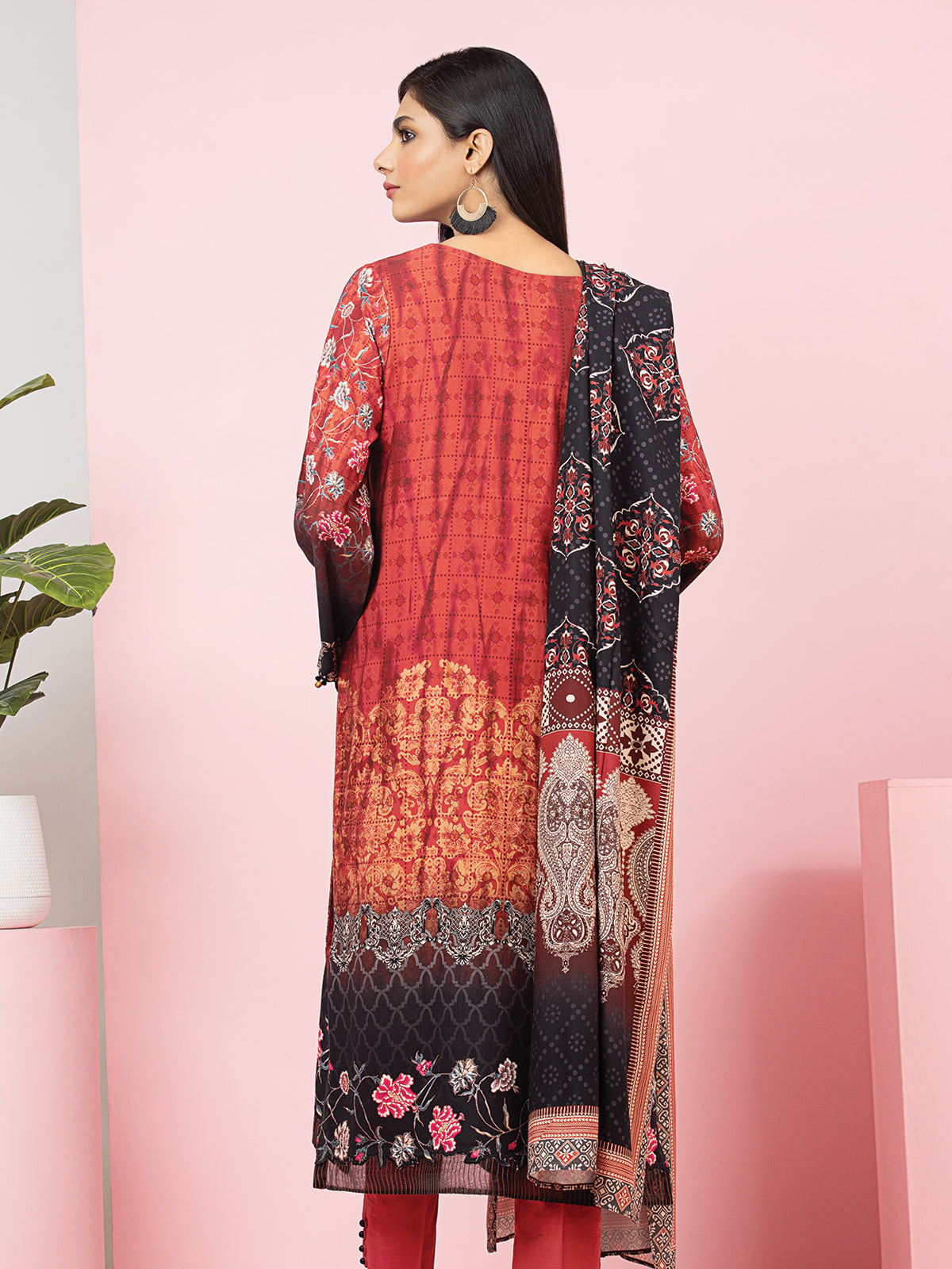 Edenrobe - EWU22A4-24030 Unstitched Rust Printed Viscose 3 Piece