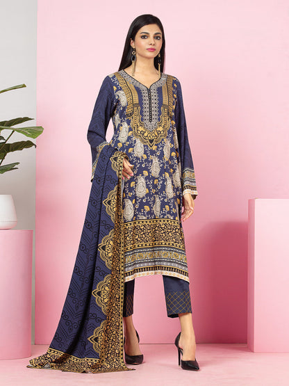 Edenrobe - EWU22V13-24002XXL Unstitched Navy Blue Printed Viscose 3 Piece