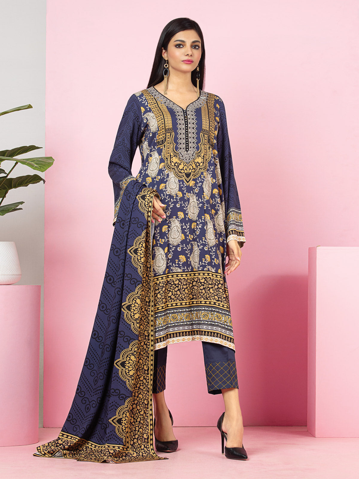 Edenrobe - EWU22V13-24002 Unstitched Navy Blue Printed Viscose 3 Piece