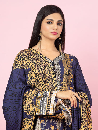 Edenrobe - EWU22V13-24002XXL Unstitched Navy Blue Printed Viscose 3 Piece