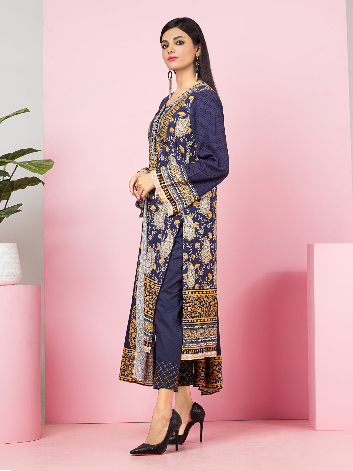 Edenrobe - EWU22V13-24002XXL Unstitched Navy Blue Printed Viscose 3 Piece