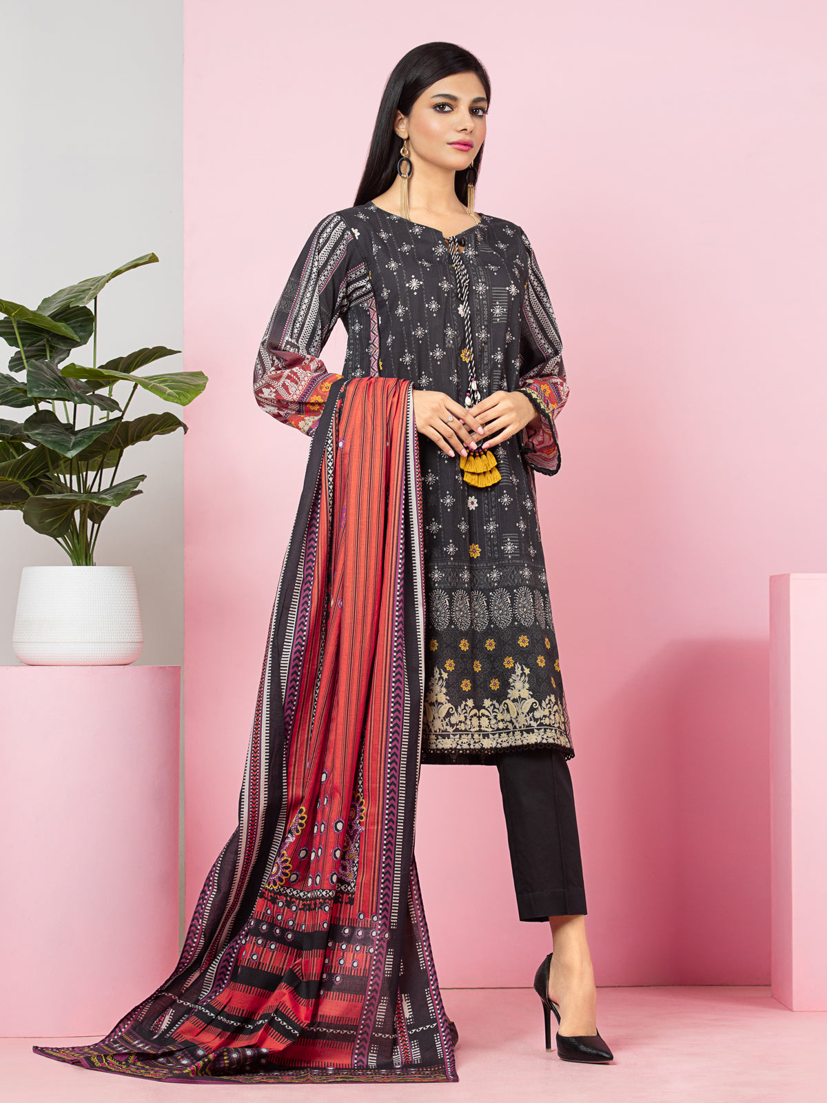 Edenrobe - EWU22V13-24003XXL Unstitched Charcoal Printed Viscose 3 Piece