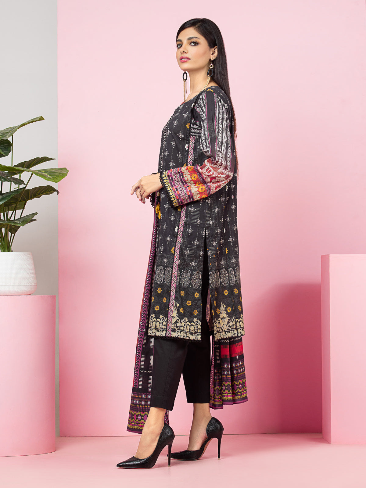 Edenrobe - EWU22V13-24003XXL Unstitched Charcoal Printed Viscose 3 Piece