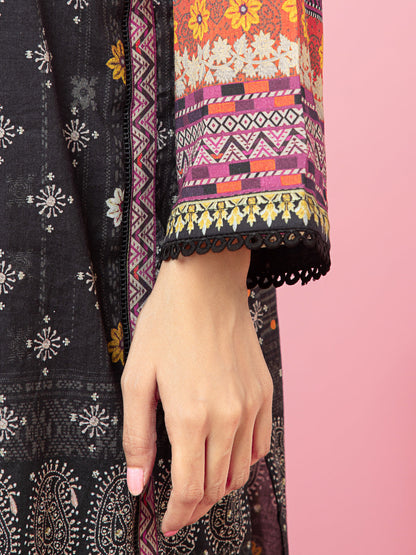 Edenrobe - EWU22V13-24003XXL Unstitched Charcoal Printed Viscose 3 Piece