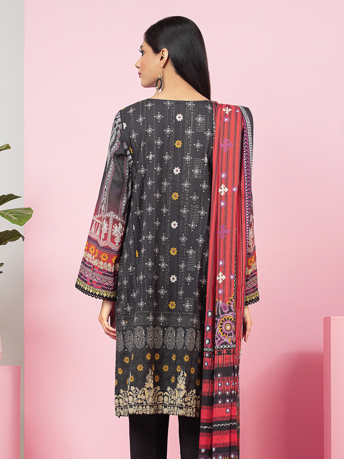 Edenrobe - EWU22V13-24003 Unstitched Charcoal Printed Viscose 3 Piece