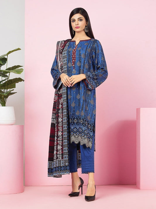 Edenrobe - EWU22V13-24020 Unstitched Royal Blue Printed Viscose 3 Piece