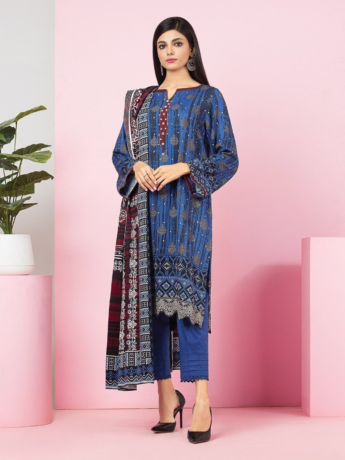 Edenrobe - EWU22V13-24020S Unstitched Royal Blue Printed Viscose 2 Piece