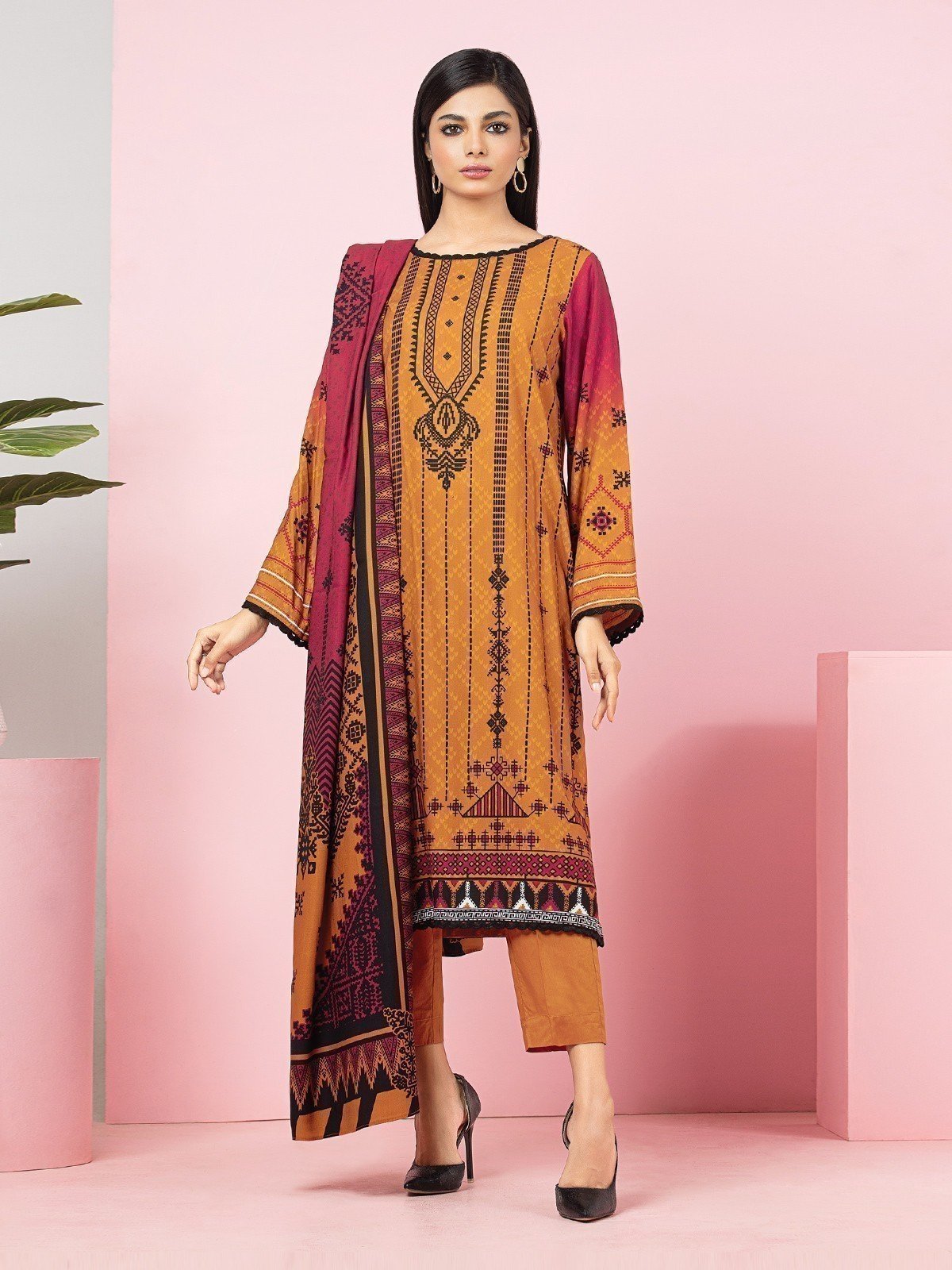 Edenrobe - EWU22V13-24027 Unstitched Rust Printed Viscose 3 Piece
