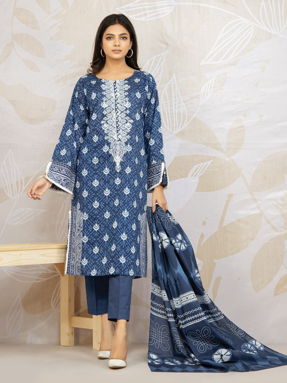 Edenrobe - EWU22V1-23552S Unstitched Blue Embroidered Lawn 1 Piece