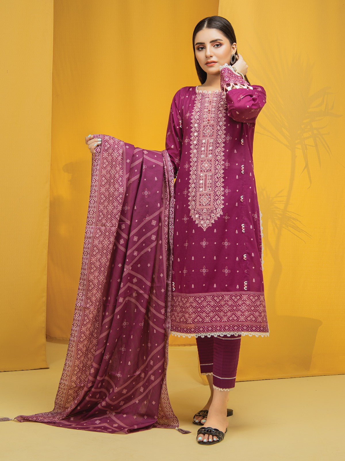 Edenrobe - EWU22V1-23559SD Unstitched Magenta Embroidered Lawn 2 Piece