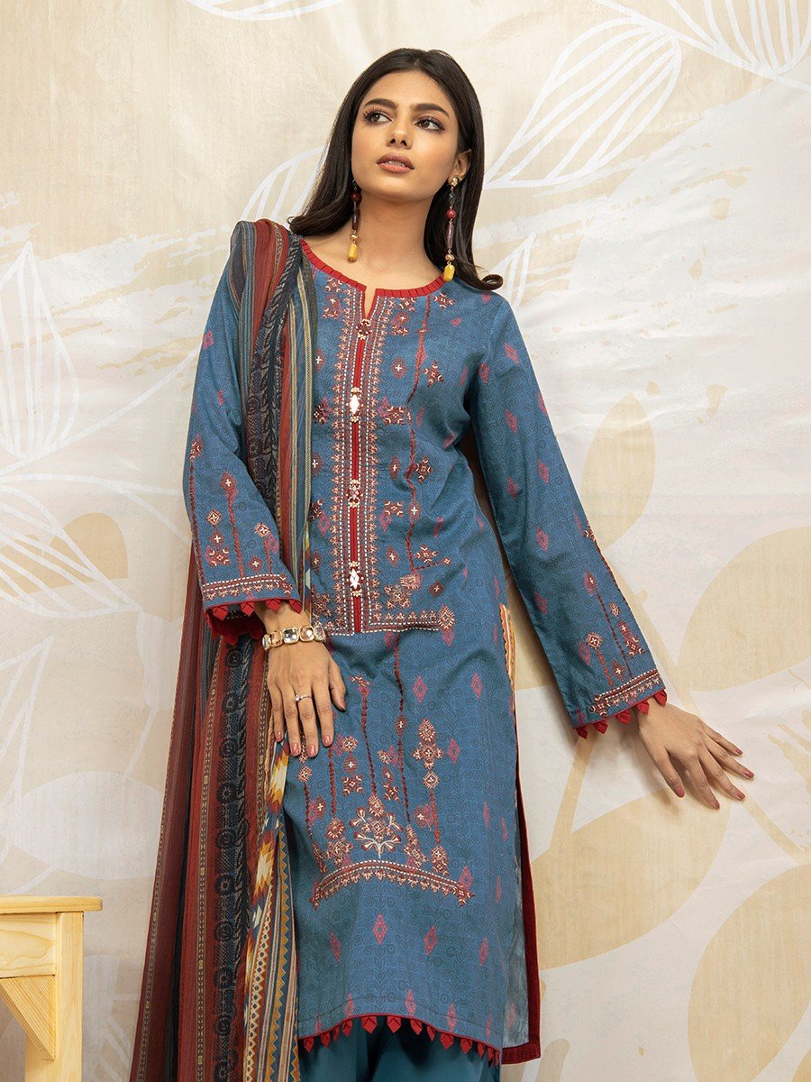 Edenrobe - EWU22V1-23576SD Unstitched Dark Turquoise Embroidered Lawn 2 Piece