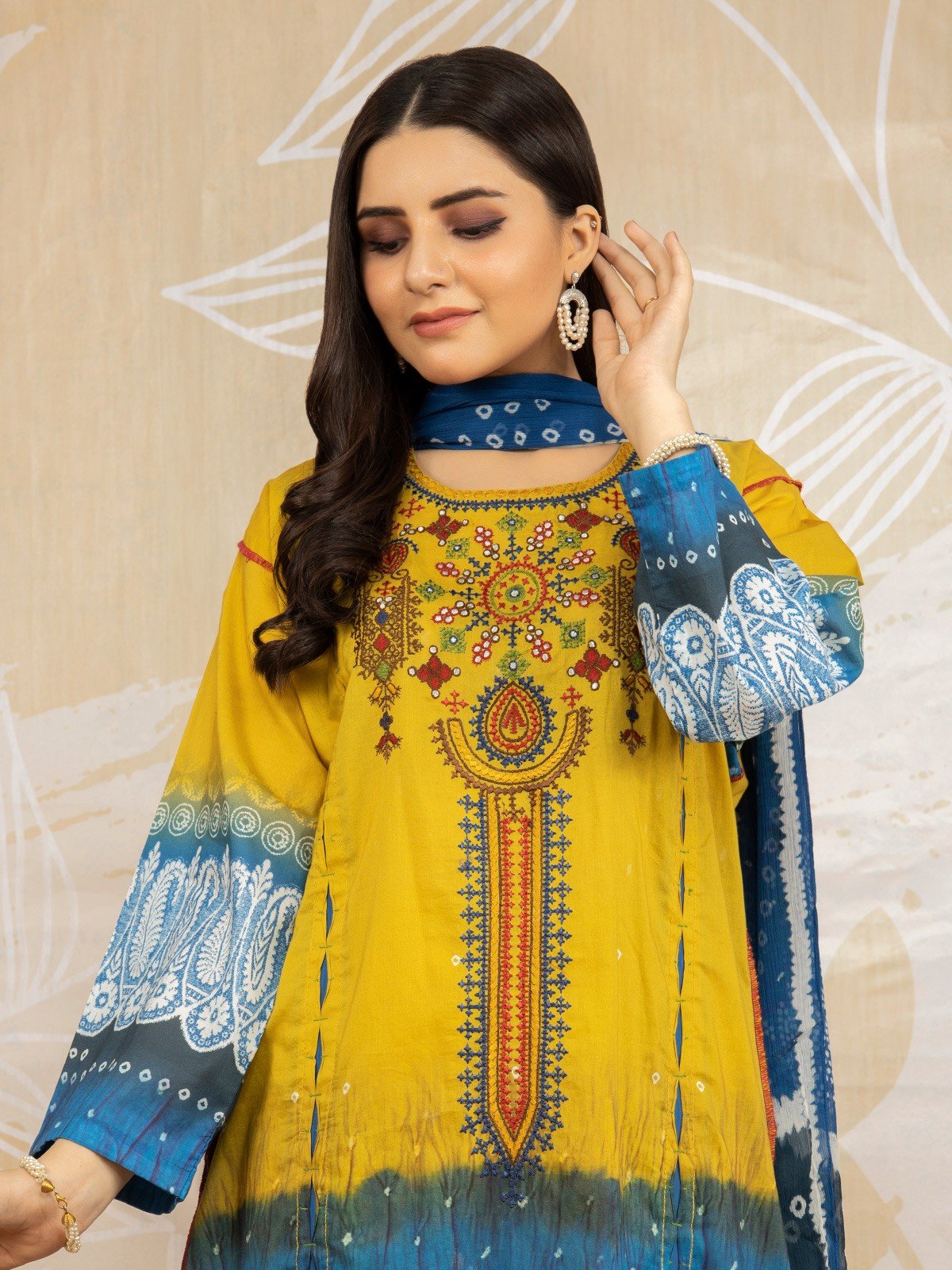 Edenrobe - EWU22V1-23584 Unstitched Light Gold Embroidered Lawn 3 Piece