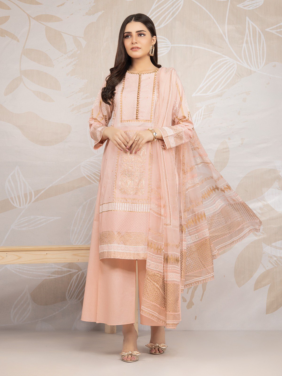 Edenrobe - EWU22V1-23590ST Unstitched Peach Embroidered Lawn 2 Piece