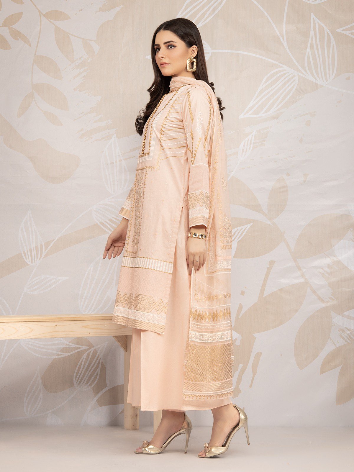 Edenrobe - EWU22V1-23590ST Unstitched Peach Embroidered Lawn 2 Piece