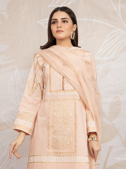 Edenrobe - EWU22V1-23590ST Unstitched Peach Embroidered Lawn 2 Piece