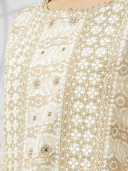 Edenrobe - EWU22V1-23621 Unstitched Beige Embroidered Lawn 3 Piece