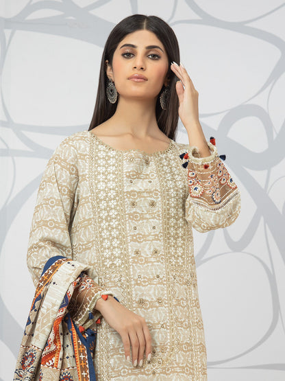 Edenrobe - EWU22V1-23621 Unstitched Beige Embroidered Lawn 3 Piece