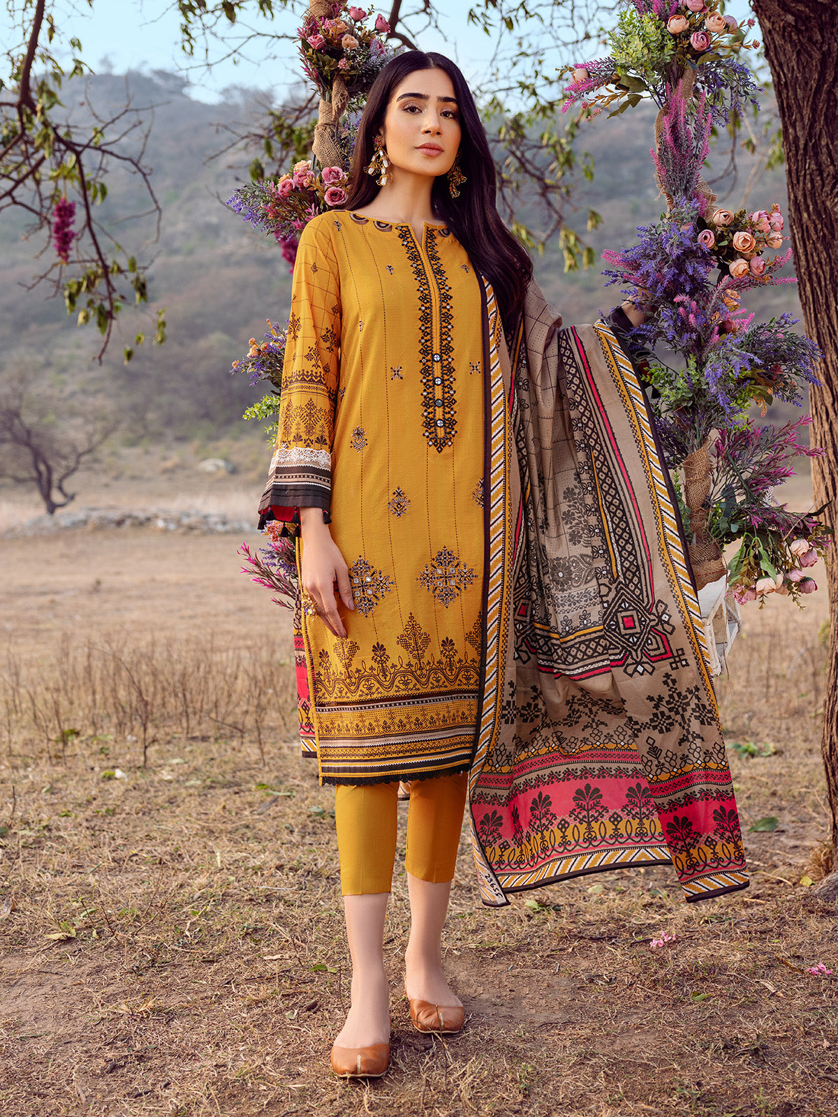 Edenrobe - EWU22V1-23655 Unstitched Mustard Embroidered Lawn 3 Piece