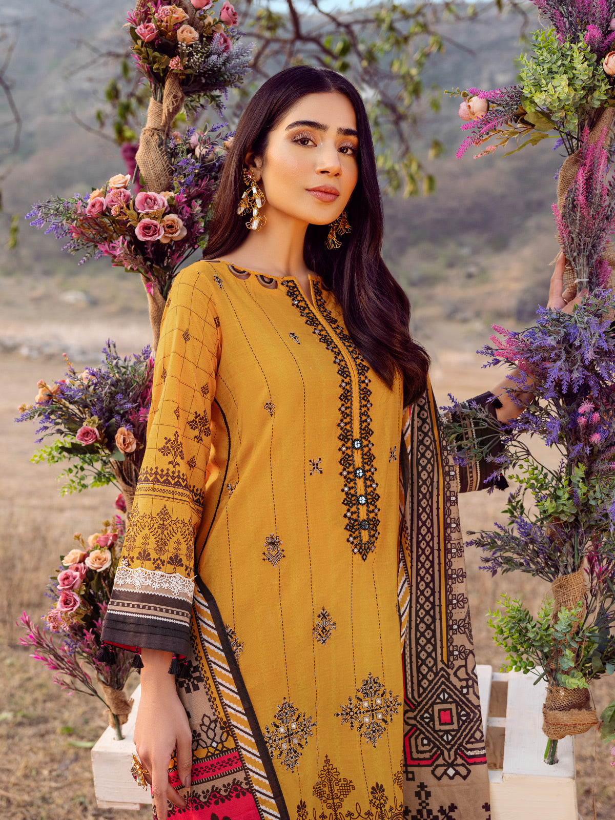 Edenrobe - EWU22V1-23655 Unstitched Mustard Embroidered Lawn 3 Piece