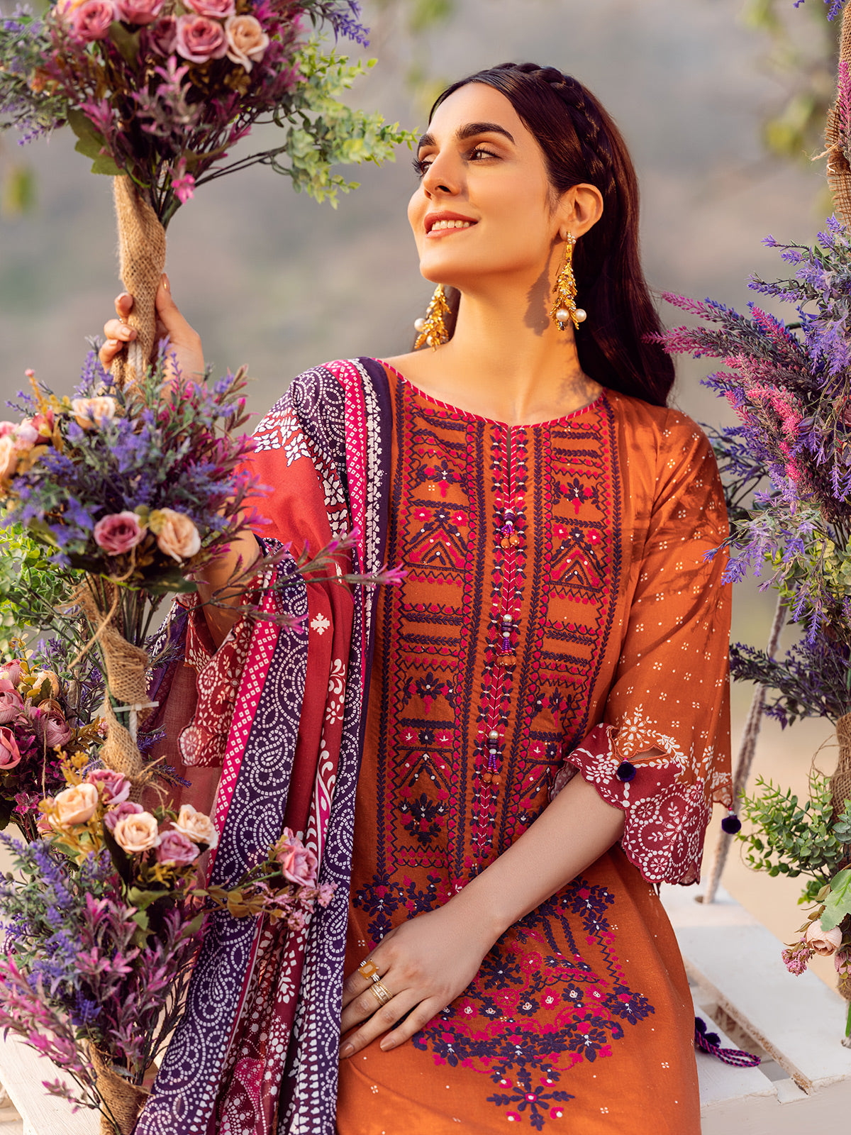 Edenrobe - EWU22V1-23657S Unstitched Rust Embroidered Lawn 1 Piece