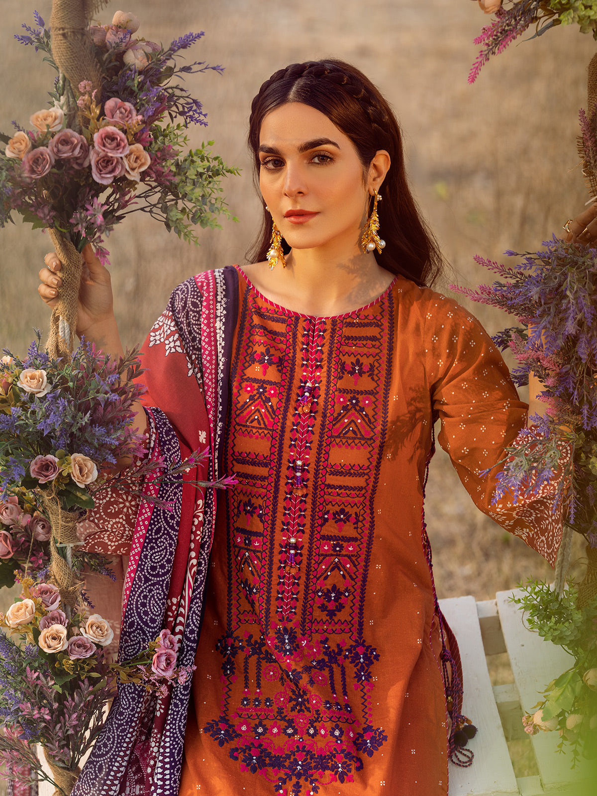 Edenrobe - EWU22V1-23657 Unstitched Rust Embroidered Lawn 3 Piece