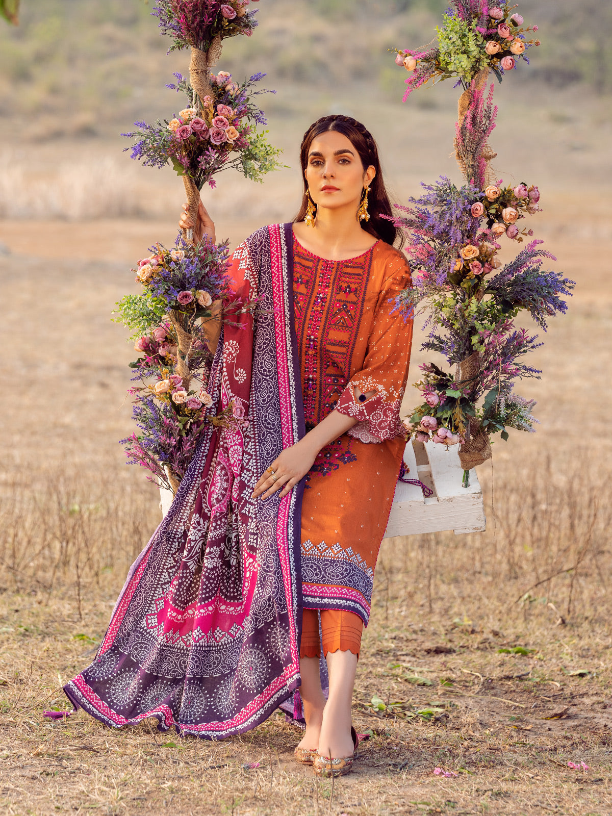 Edenrobe - EWU22V1-23657S Unstitched Rust Embroidered Lawn 1 Piece