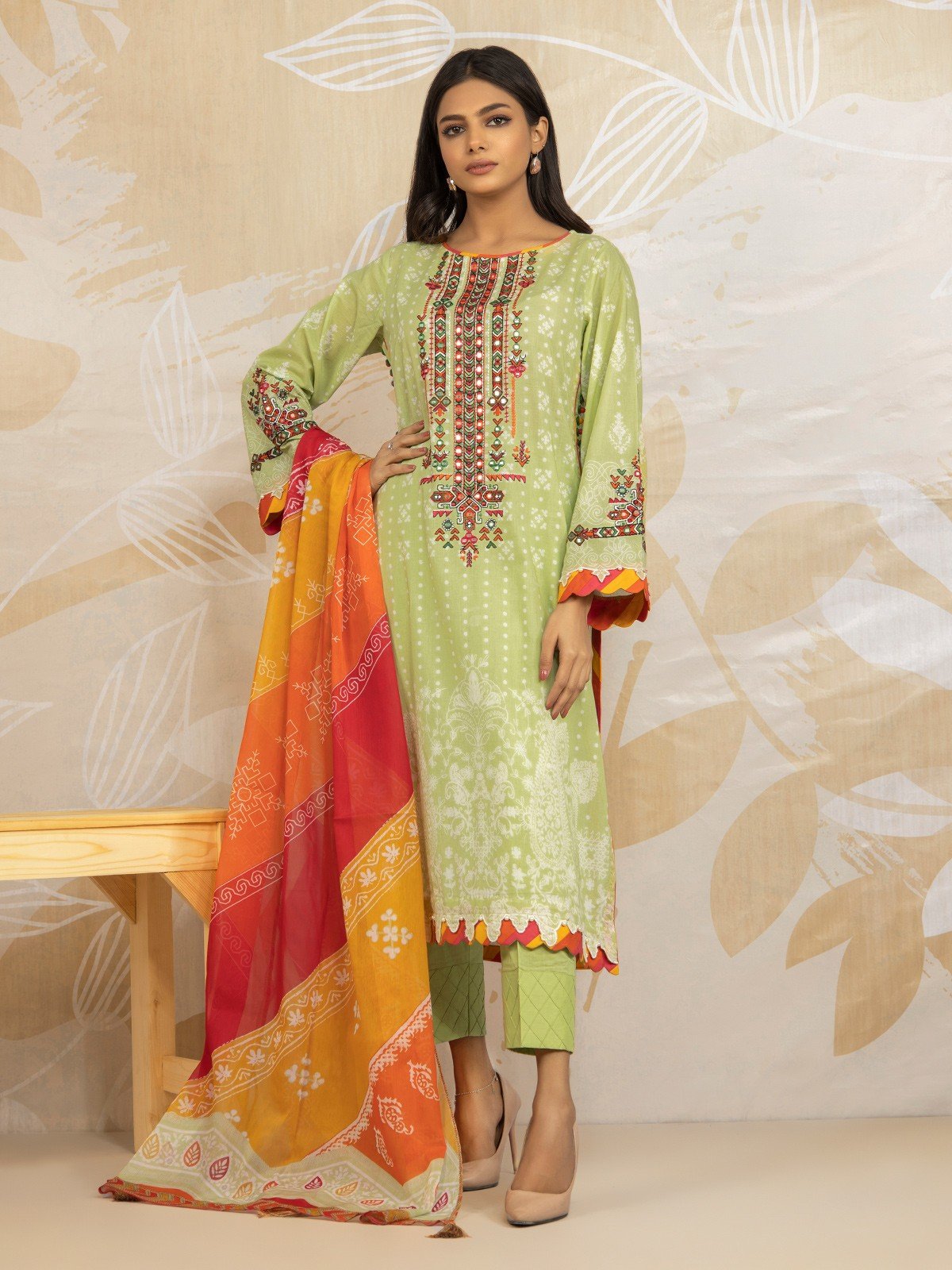 Edenrobe - EWU22V1-23679SD Unstitched Light Green Embroidered Lawn 2 Piece