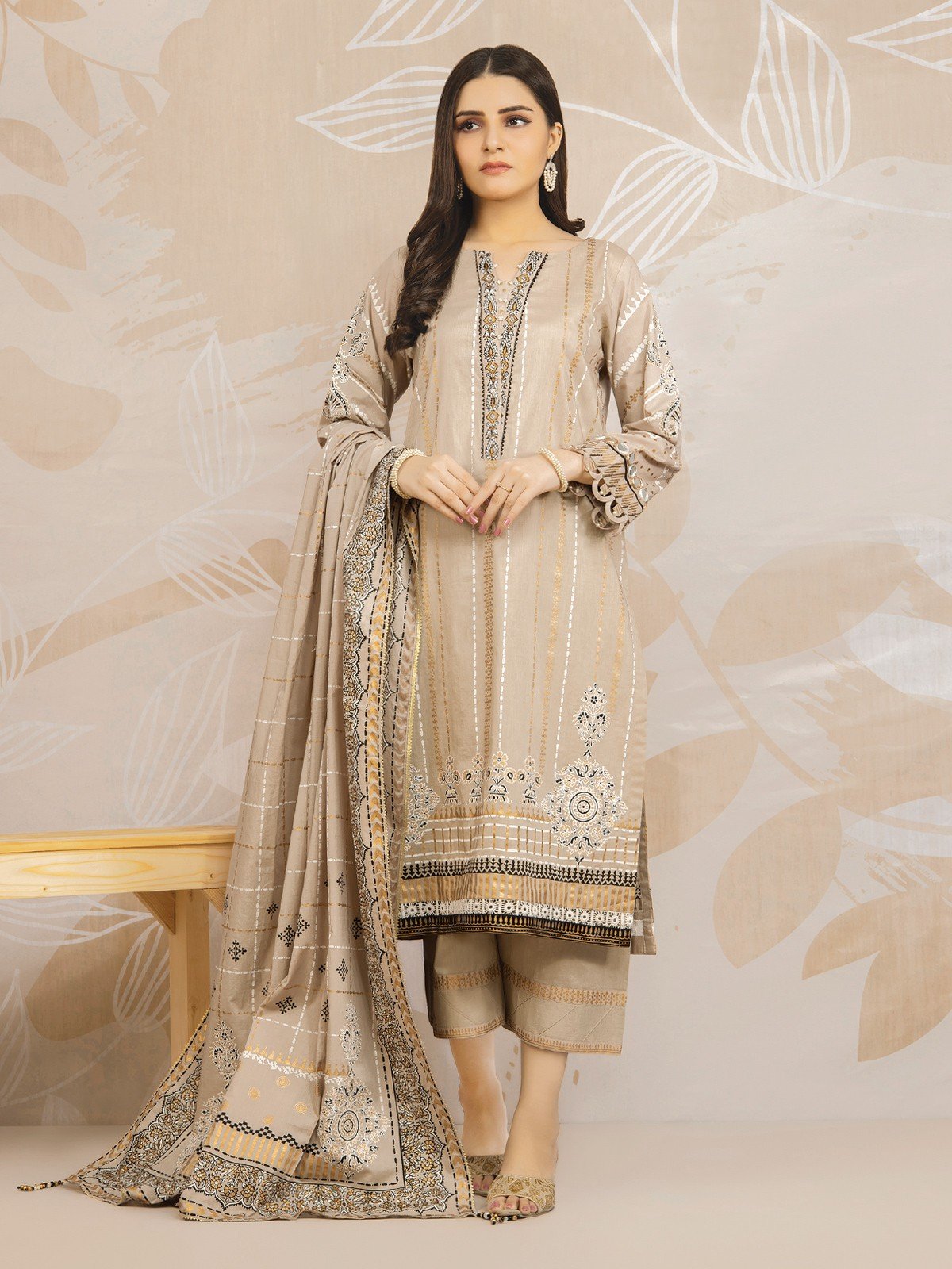 Edenrobe - EWU22V1-23684 Unstitched Beige Embroidered Lawn 3 Piece