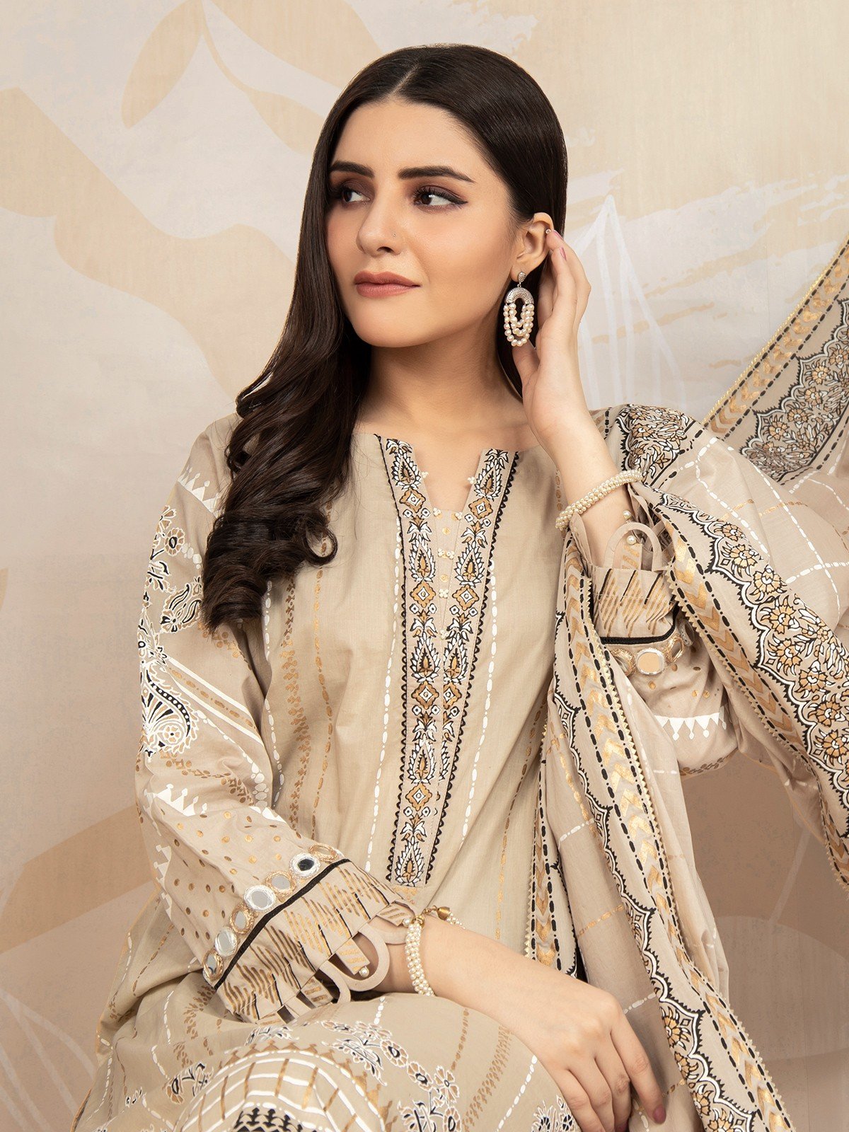 Edenrobe - EWU22V1-23684ST Unstitched Beige Embroidered Lawn 2 Piece