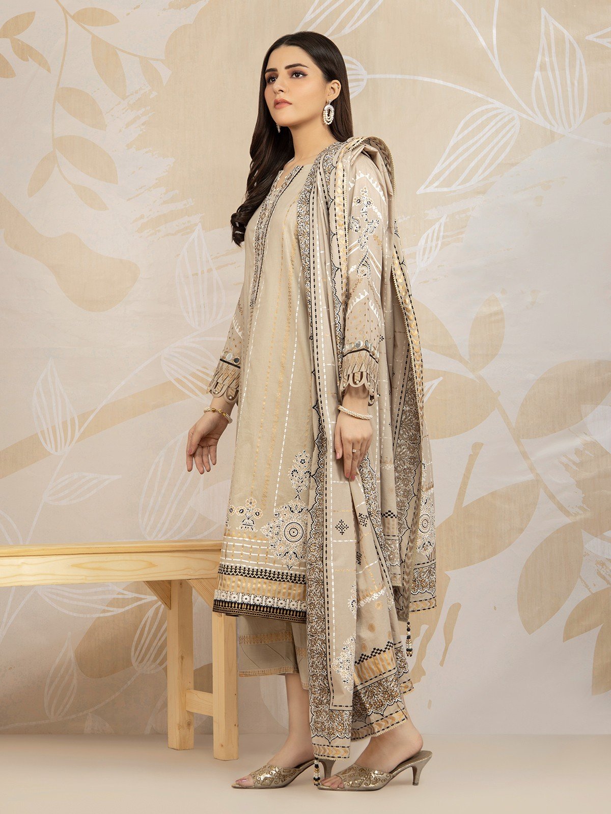 Edenrobe - EWU22V1-23684ST Unstitched Beige Embroidered Lawn 2 Piece