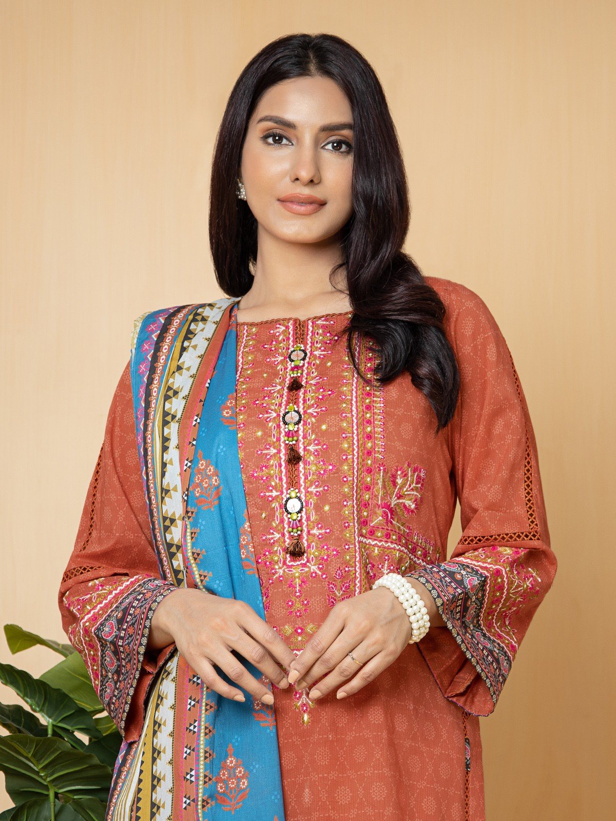 Edenrobe - EWU22V1-23713 Unstitched Rust Embroidered Lawn 3 Piece