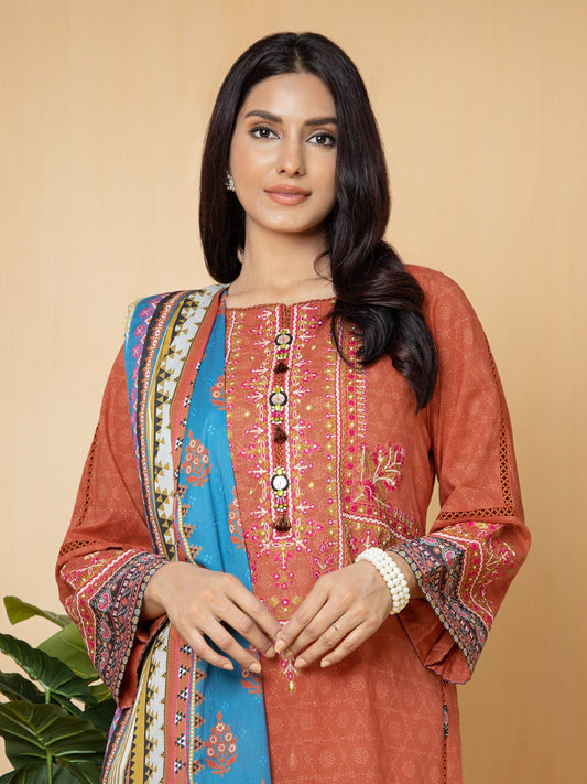 Edenrobe - EWU22V1-23713S Unstitched Rust Embroidered Lawn 1 Piece