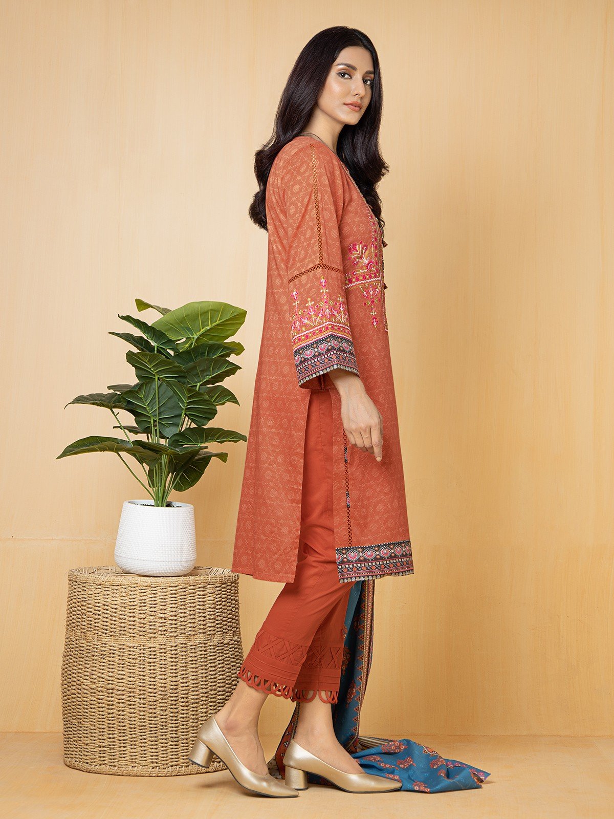 Edenrobe - EWU22V1-23713S Unstitched Rust Embroidered Lawn 1 Piece