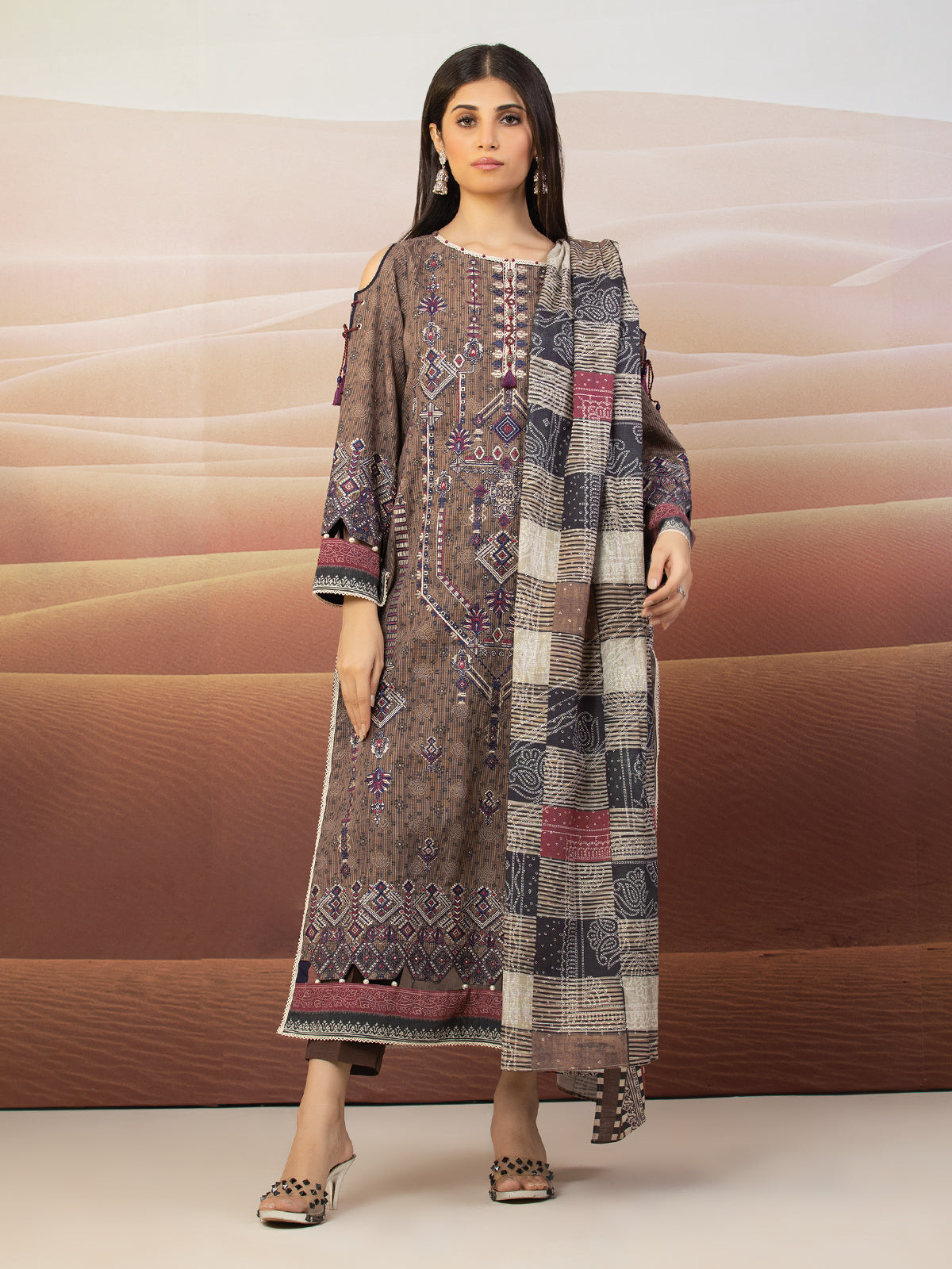 Edenrobe - EWU22V10-25017 Unstitched Light Brown Embroidered Crepe 3 Piece