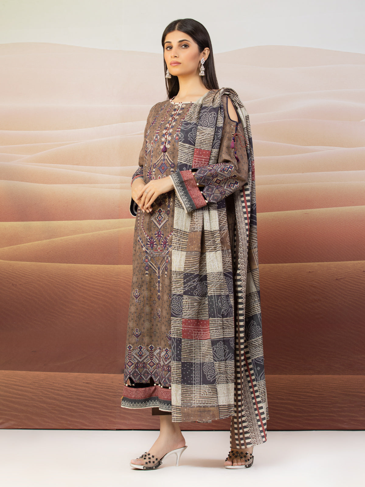 Edenrobe - EWU22V10-25017 Unstitched Light Brown Embroidered Crepe 3 Piece