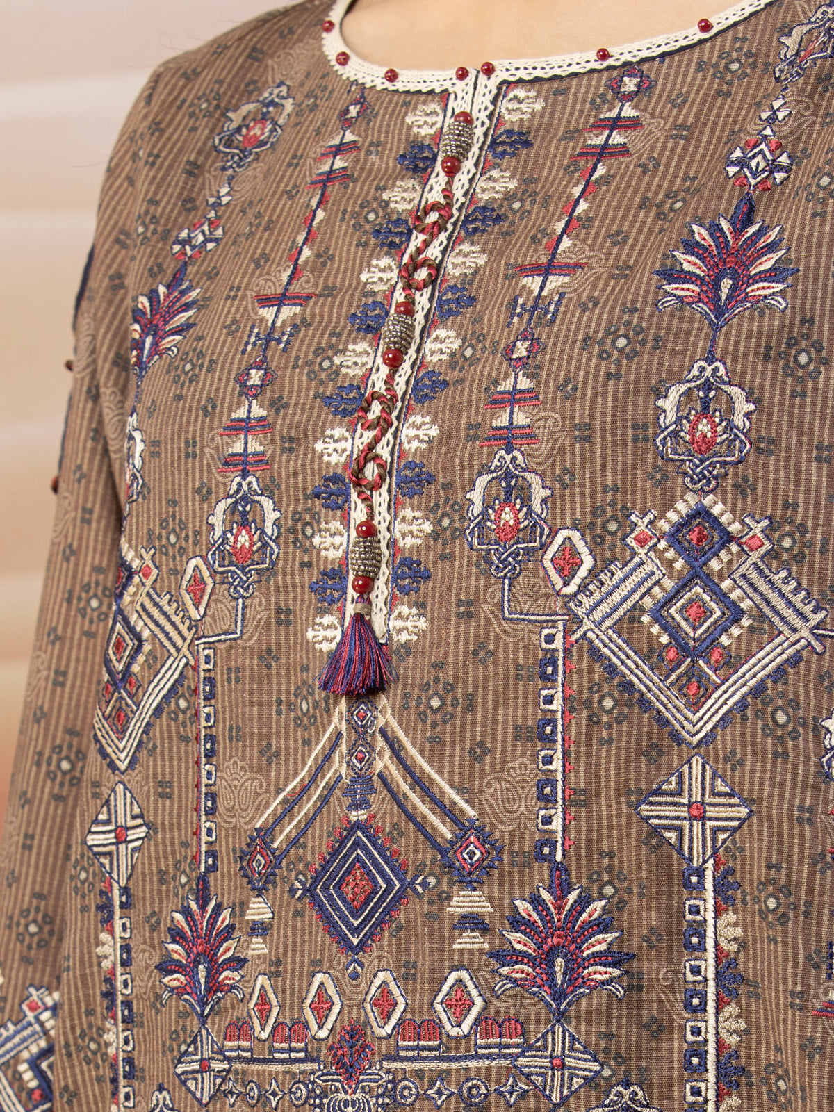 Edenrobe - EWU22V10-25017 Unstitched Light Brown Embroidered Crepe 3 Piece