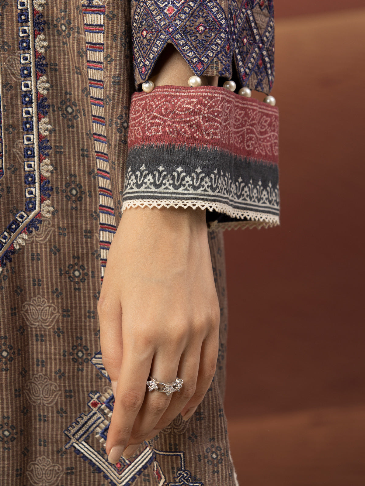 Edenrobe - EWU22V10-25017 Unstitched Light Brown Embroidered Crepe 3 Piece