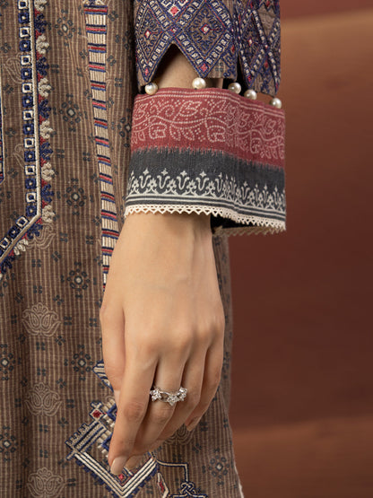 Edenrobe - EWU22V10-25017 Unstitched Light Brown Embroidered Crepe 3 Piece