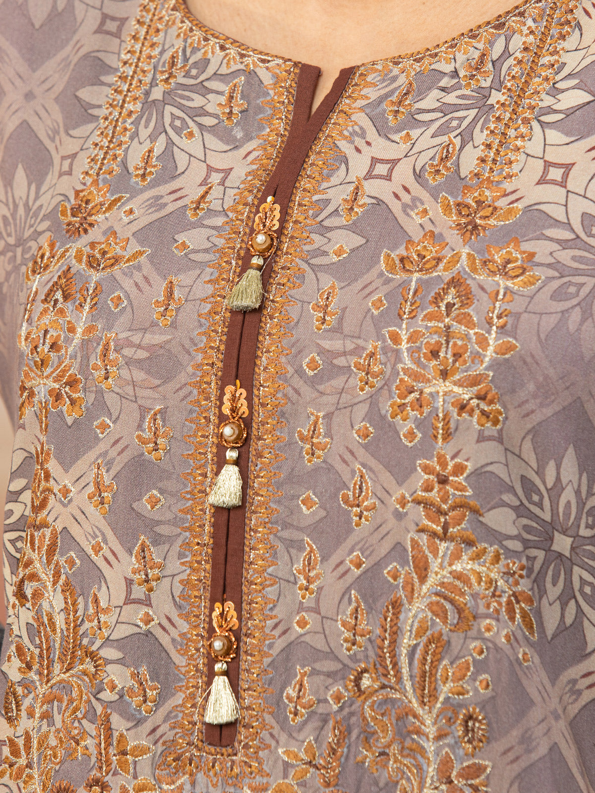 Edenrobe - EWU22V10-25019 Unstitched Brown Embroidered Crepe 3 Piece