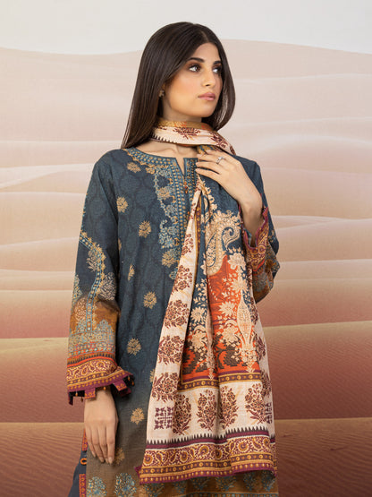 Edenrobe - EWU22V11-25023S Unstitched Dark Teal Embroidered Khaddar 1 Piece