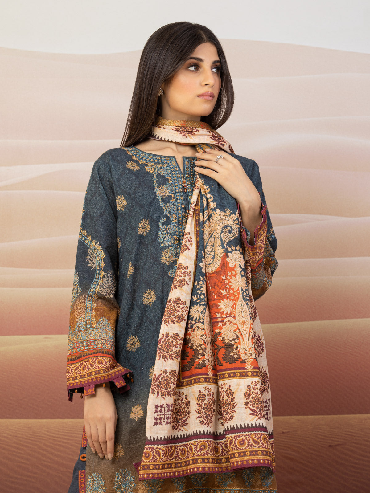 Edenrobe - EWU22V11-25023 Unstitched Dark Teal Embroidered Khaddar 3 Piece