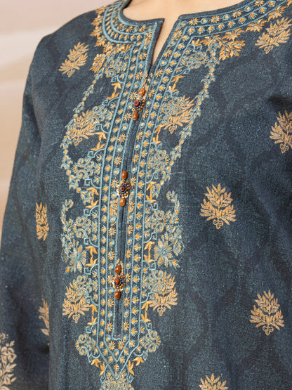 Edenrobe - EWU22V11-25023SD Unstitched Dark Teal Embroidered Khaddar 2 Piece